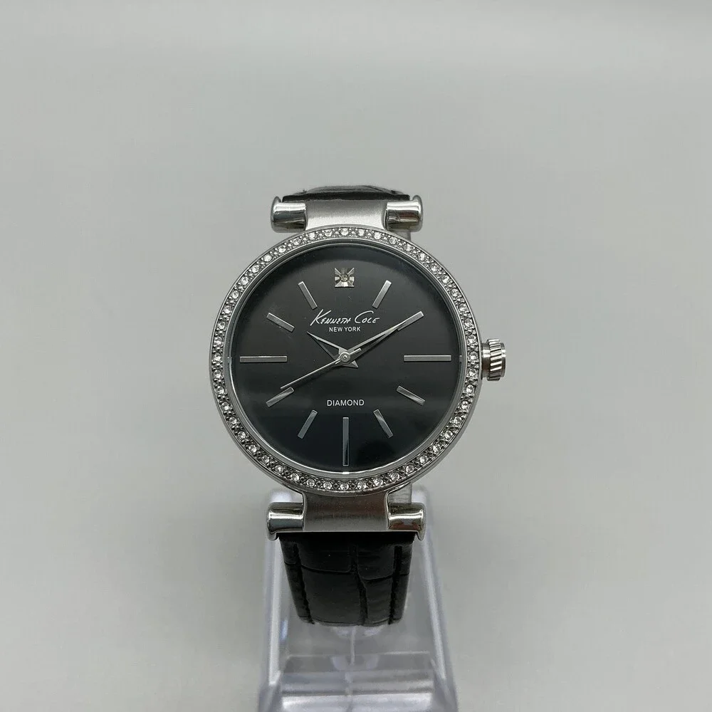 Kenneth Cole Womens Watch 35mm Silver Tone Diamond Black KC2898 New Battery